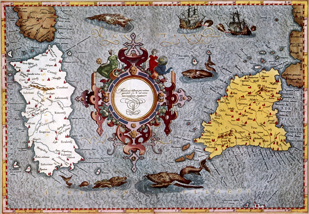 Mapa Sardynii i Sycylii, "Geographica" Ptolemeusza autorstwa English School