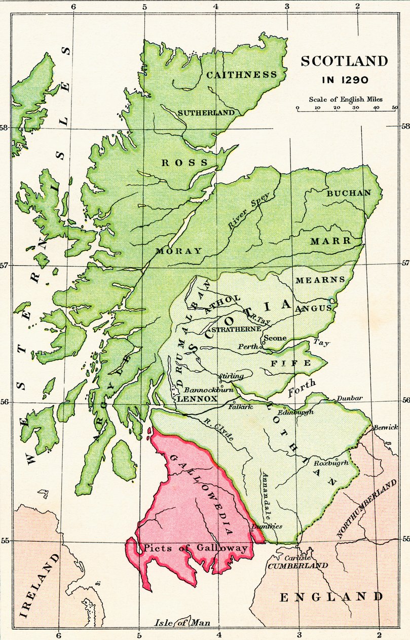 Mapa Szkocji w 1290 r., z „Krótkiej historii ludu angielskiego” J. R. Greena, opublikowanej w 1893 r. autorstwa English School