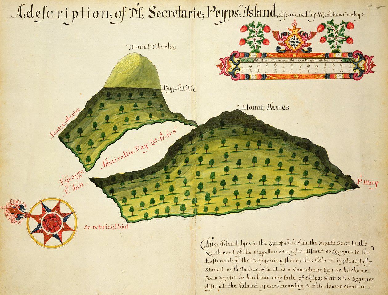 Mapa wysp Secretaire i Pepys w Cieśninie Magellana, ok. 1628 (pióro, atrament i akwarela na papierze) autorstwa English School