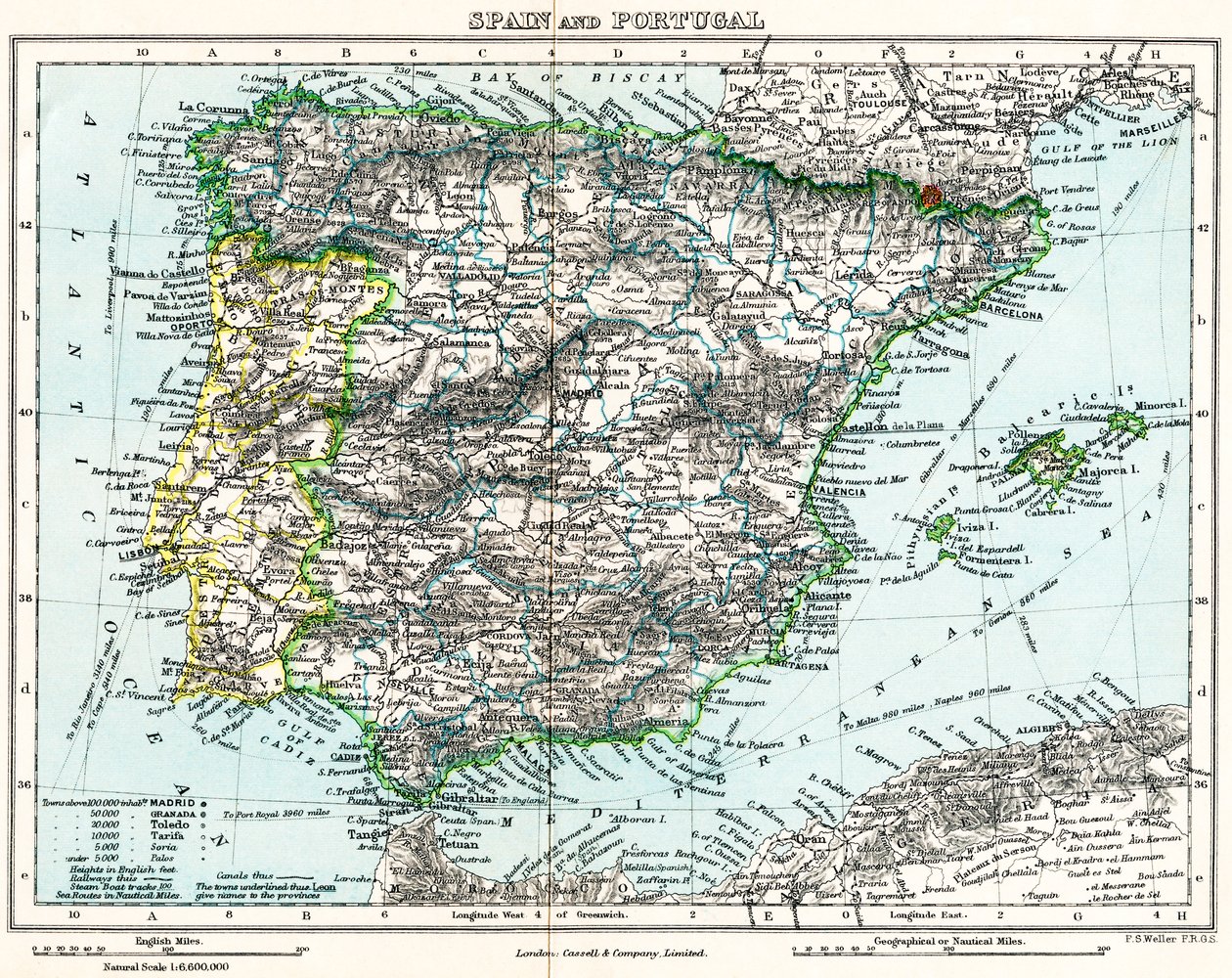 Mapa Hiszpanii i Portugalii z Galerii Geografii Milnera, ok. 1872 r. (kolorowa litografia) autorstwa English School