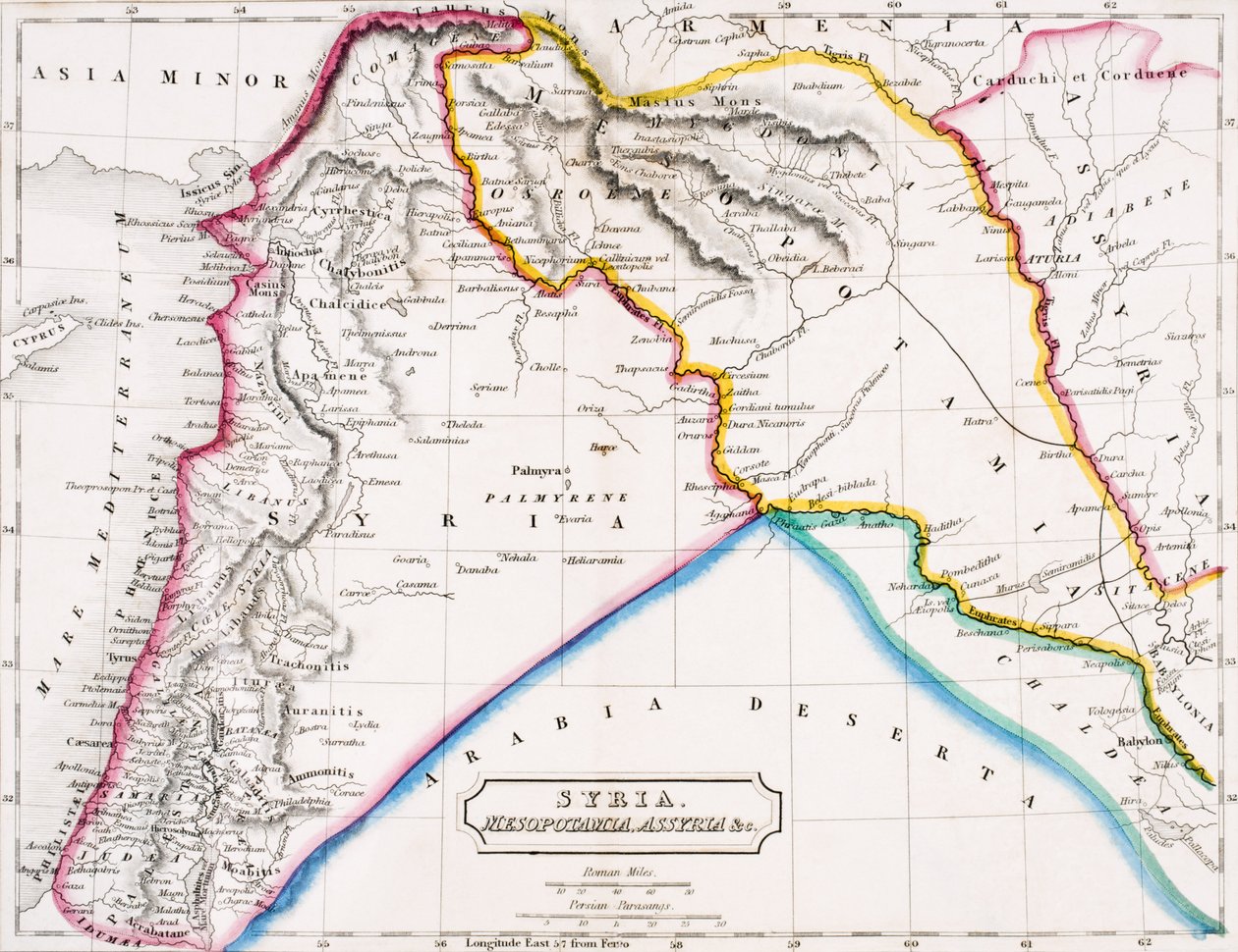 Mapa Syrii, Mezopotamii, Asyrii und., z „Atlasu geografii starożytnej”, Butlera opublikowanego w Londynie, ok. 1829 (kolor lito) autorstwa English School