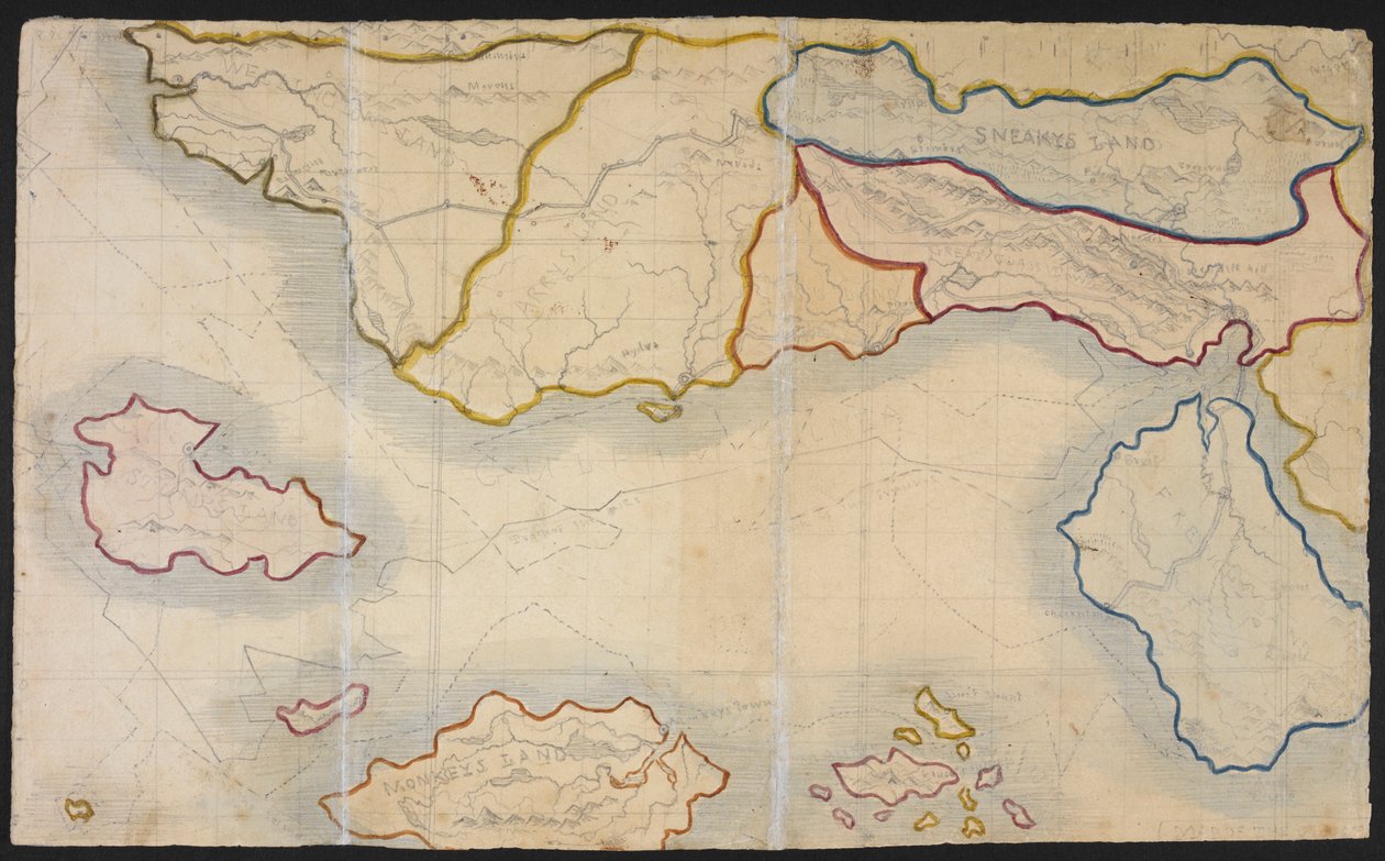 Mapa Verdopolis, czyli Szklanego Miasta; kraina wyimaginowana, ilustracja z „Historii młodych mężczyzn od ich pierwszego osiedlenia do współczesności” autorstwa Patricka Branwella Bronte i jego siostry Charlotte (ołówek z akwarelą na papierze) autorstwa English School