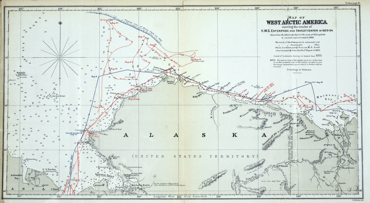 Mapa Ameryki Zachodniej Arktyki pokazująca ślady HMS Enterprise and Investigator w latach 1850-1854 autorstwa English School