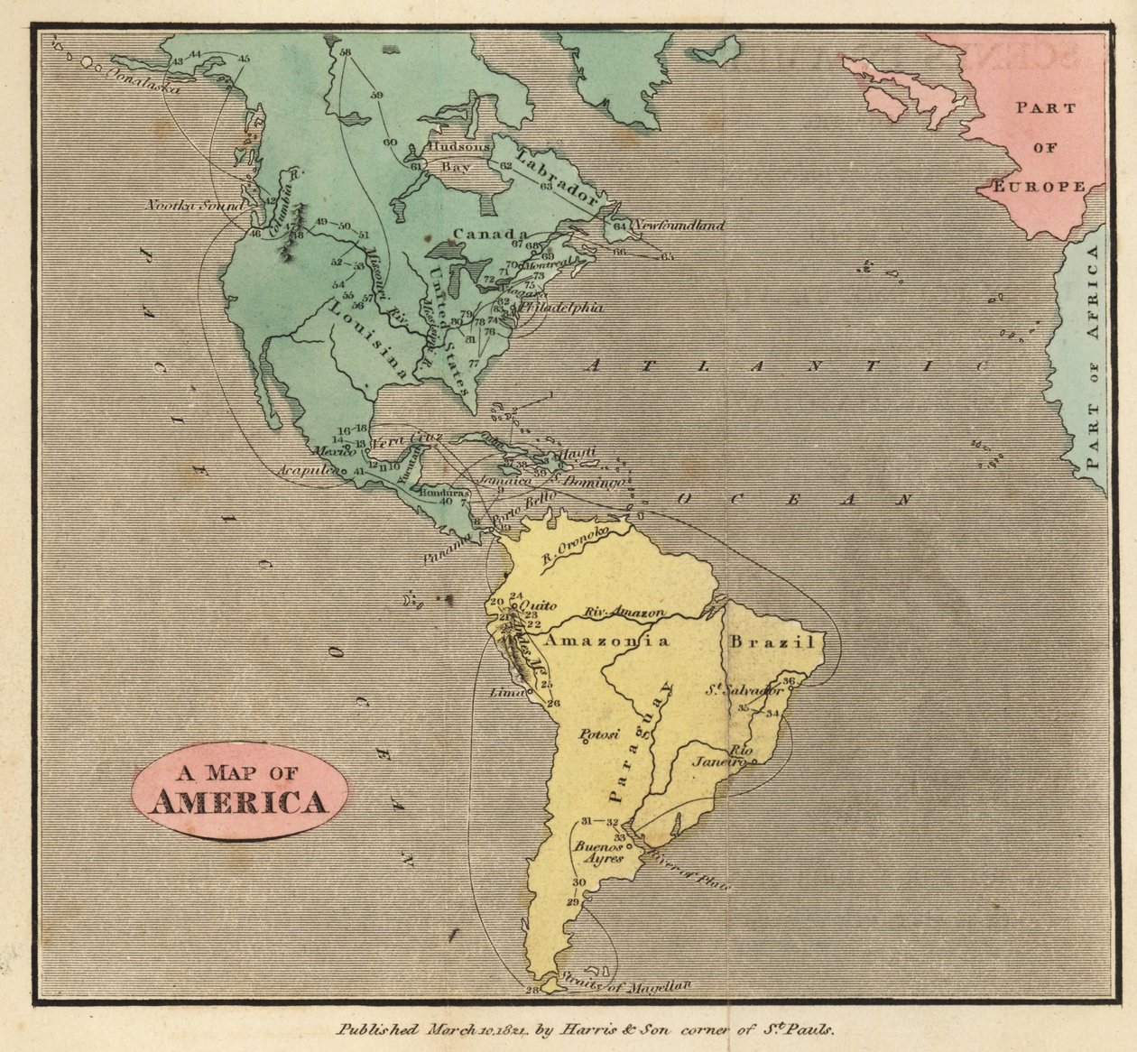 Mapa obu Ameryk, około 1821 r. autorstwa English School