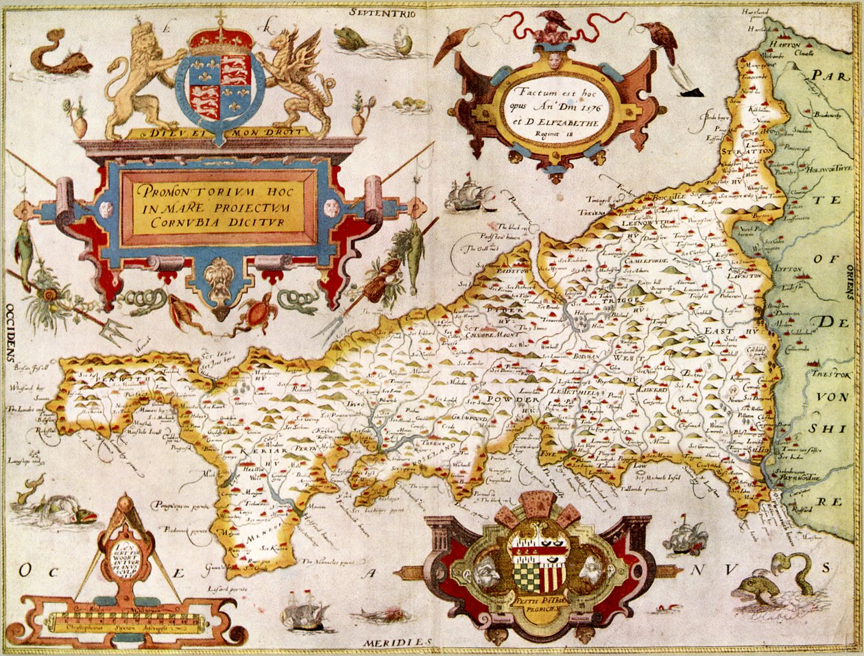Mapa hrabstwa Kornwalii w 1576 r., z "Saxton