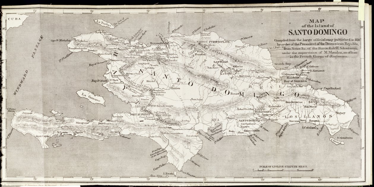 Mapa wyspy Santo Domingo z „Przeszłości i teraźniejszości Santo Domingo” Samuela Hazarda, wyd. 1873 (fotolit) autorstwa English School