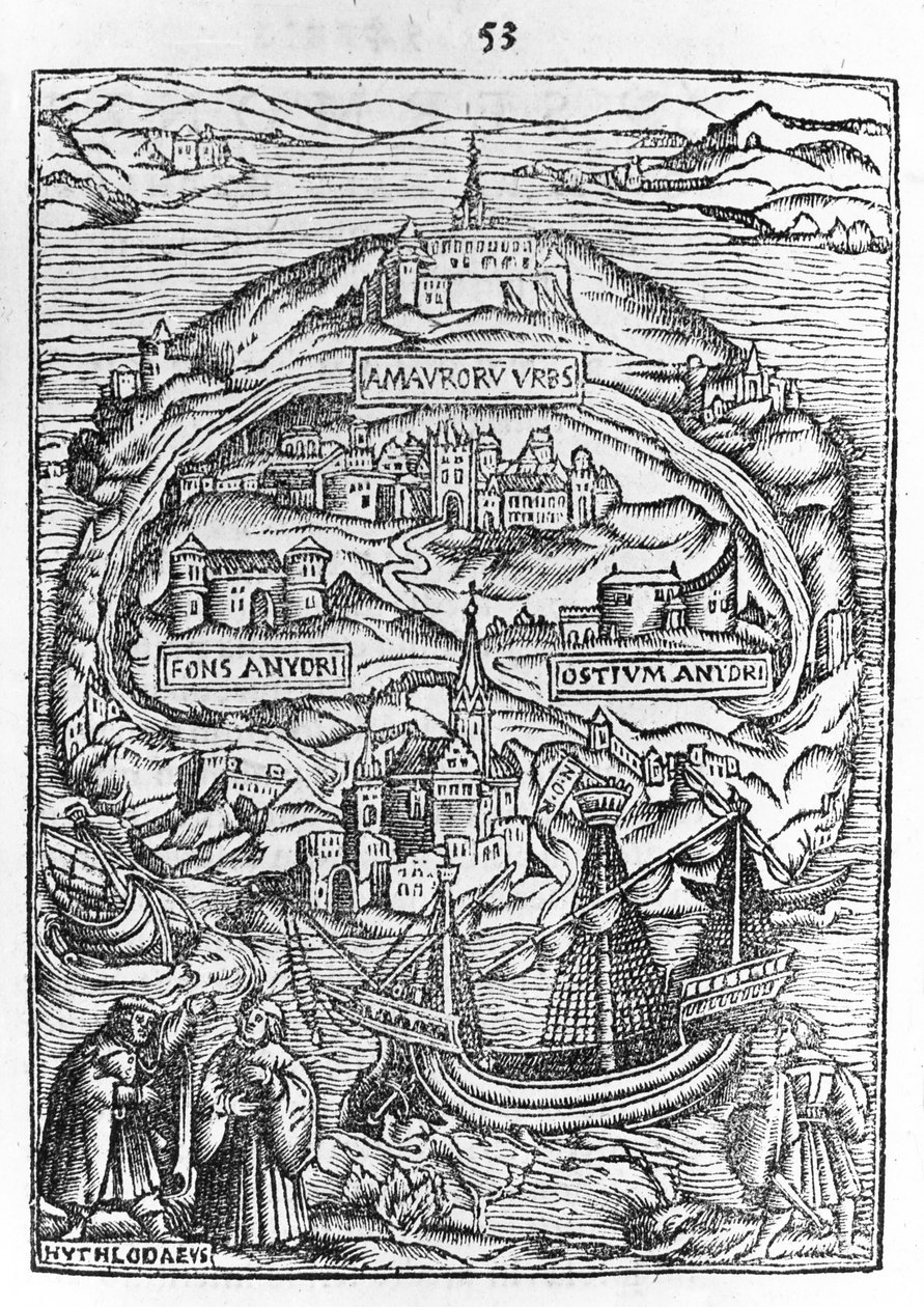 Mapa wyspy Utopia, frontyspis księgi, 1563 autorstwa English School