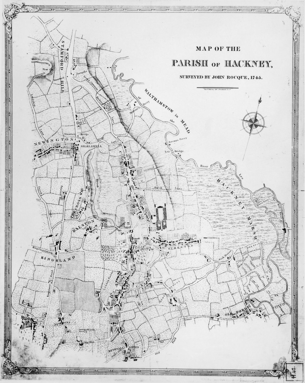 Mapa parafii Hackney, ankietowana przez Johna Rocque (ok. 1709-1762) 1745 autorstwa English School