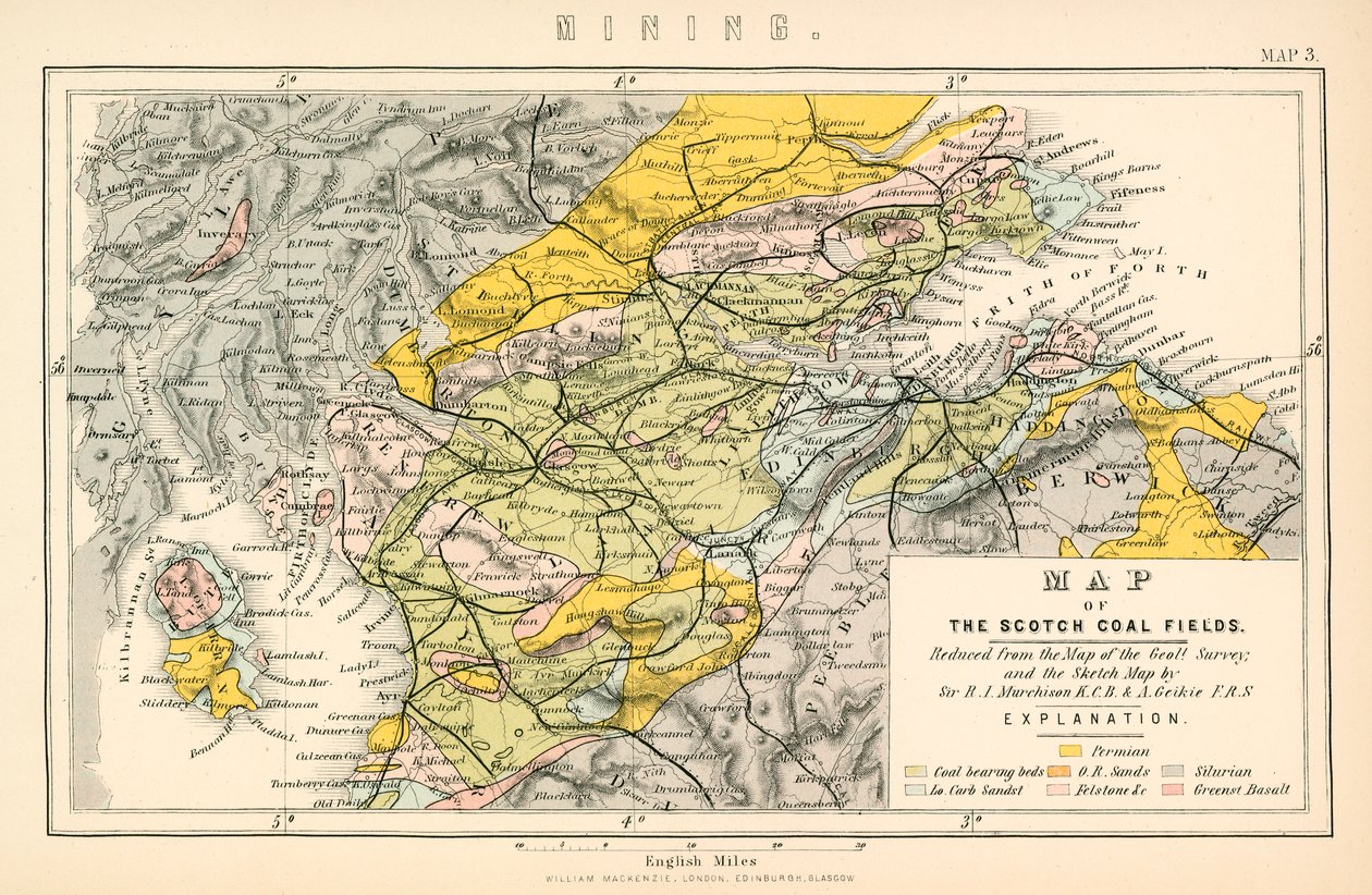 Mapa szkockich pól węglowych (kolorowa litografia) autorstwa English School