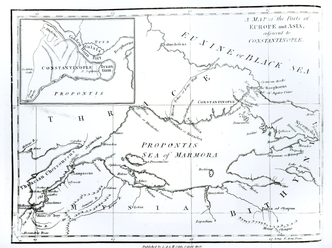 Mapa części Europy i Azji przylegających do Konstantynopola, z „Historii schyłku i upadku Cesarstwa Rzymskiego”, tom 9, autorstwa Edwarda Gibbona, 1808 autorstwa English School