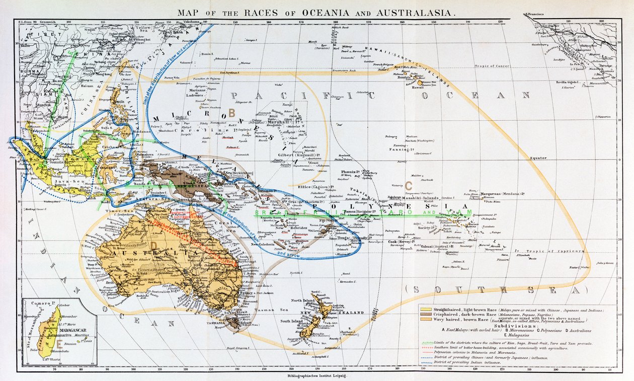 Mapa ras Oceanii i Australazji, z „Historii ludzkości”, tom 1, autorstwa prof. Friedricha Ratzela, 1896 autorstwa English School