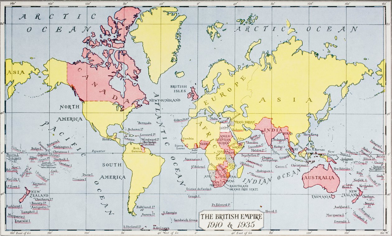 Mapa przedstawiająca imperium królewskie, na czerwono, w latach 1910 i 1935, z „The Queen, The Lady