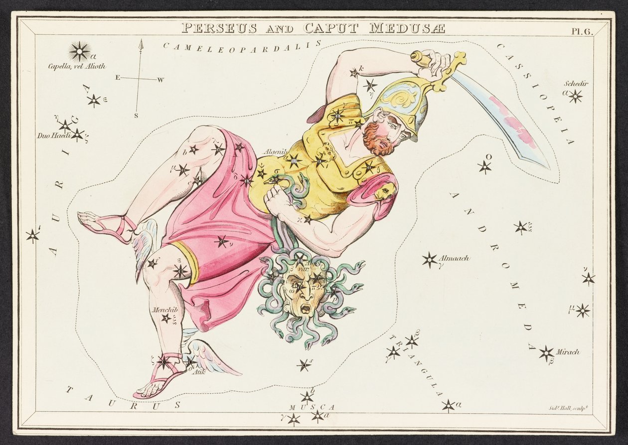 Mapy C.44.A.42 Perseusz i Caput Meudusa z „Zwierciadła Urania”; lub Widok niebios. [Pudełko z 32 kartami.]” autorstwa Jehoshaphata Aspina autorstwa English School
