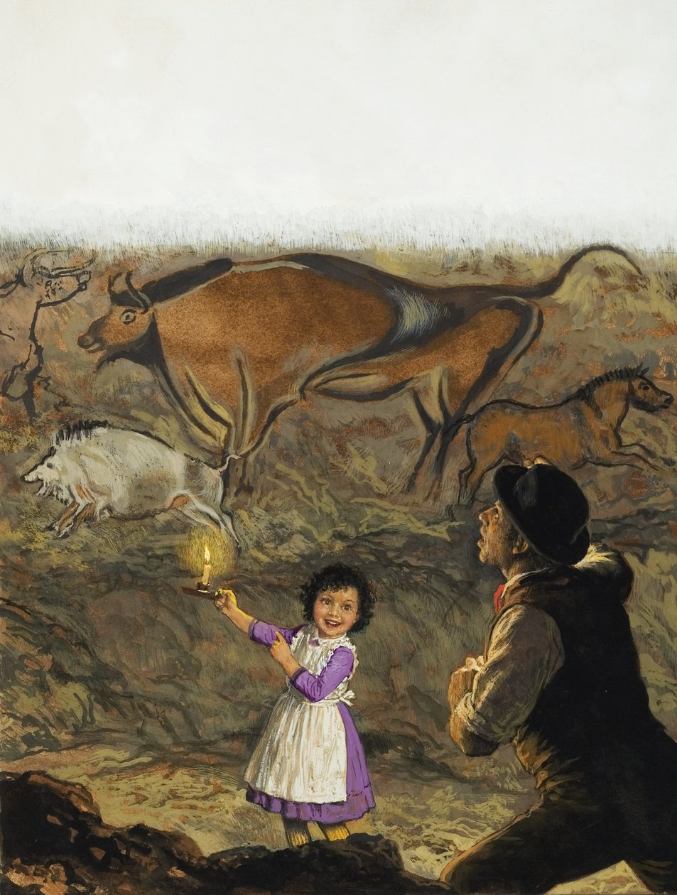 Marcelino Sanz de Sautuola (1831-88) i jego córka Maria odkrywają malowidła jaskiniowe w Altamirze (gwasz na papierze) autorstwa English School