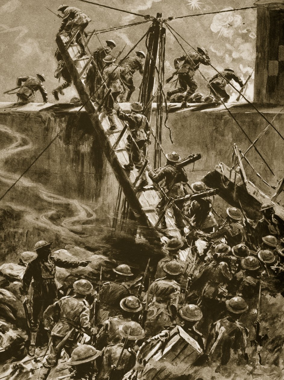 Marines i niebieskie kaftany wyskakują na trapach z H.M.S Vindictive, 1914-19 autorstwa English School