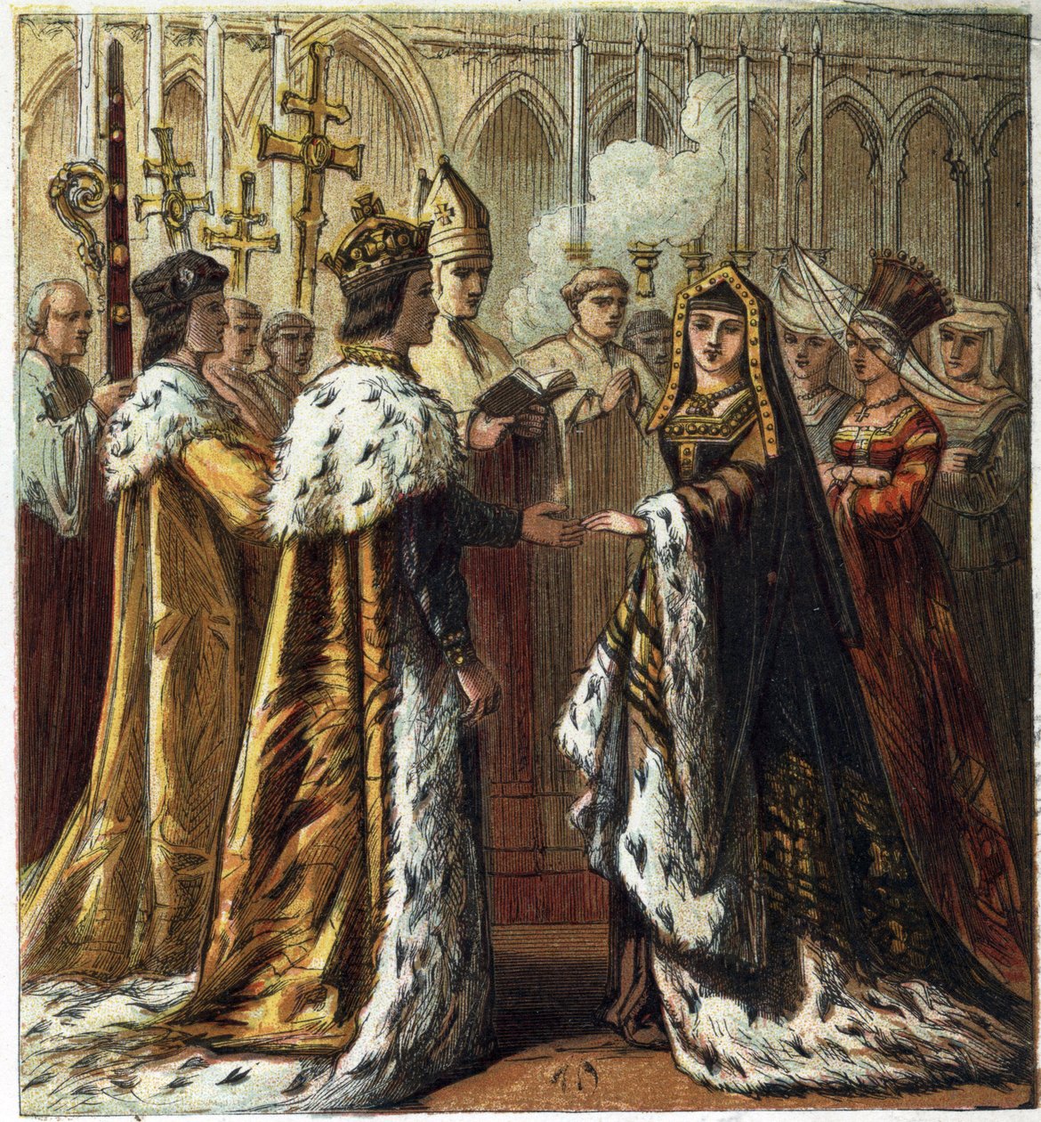 Ślub Henryka VII, króla Anglii (1457-1509) z Elżbietą York (1466-1503) w dniu 18 stycznia 1486. Ślub Henryka Siódmego i Elżbiety York. chromolitografia w „Pictures of English History”” wydanej przez George Routledge & Sons.1890. Privee autorstwa English School