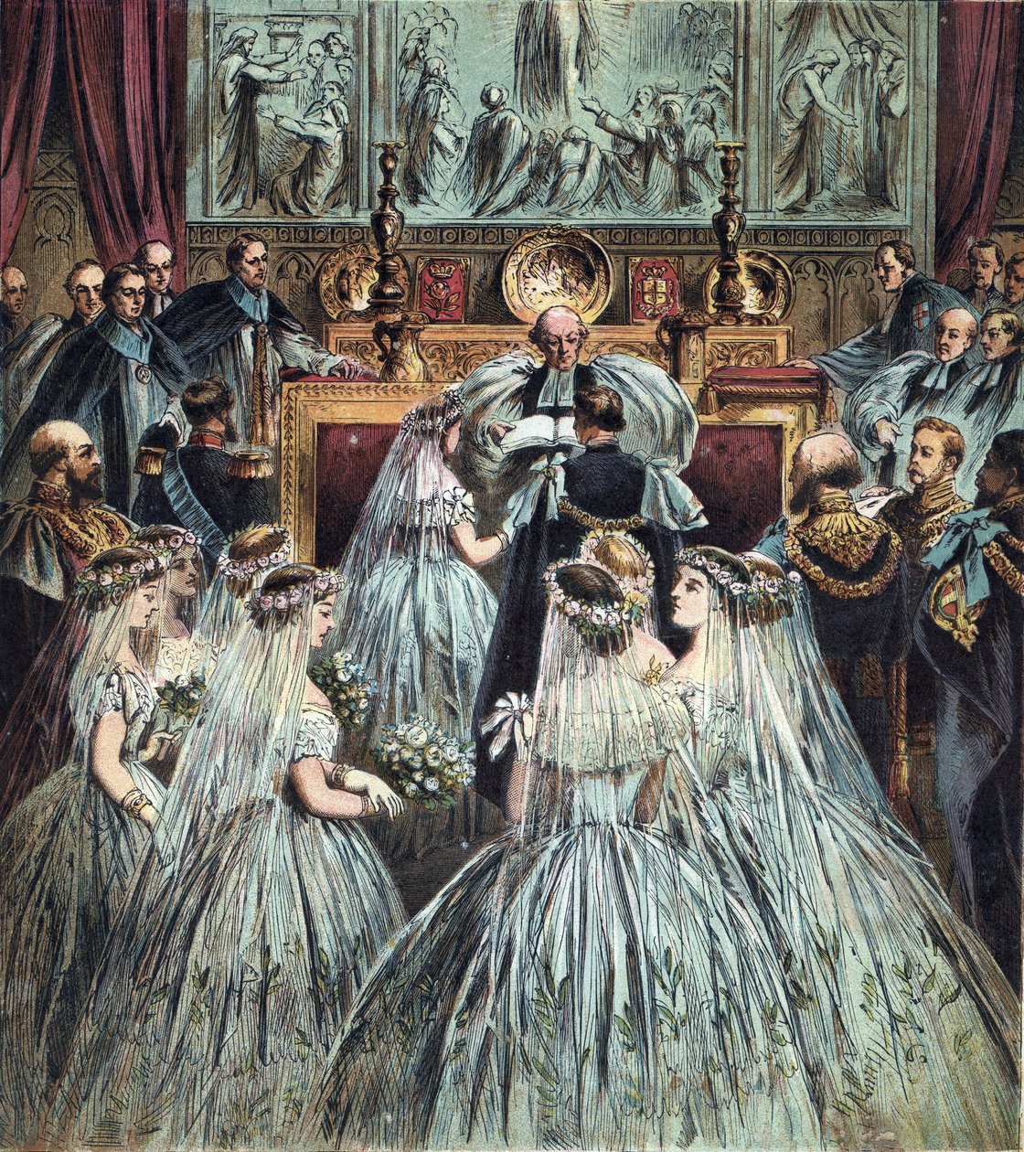 Małżeństwo księcia Walii (który został królem Anglii Edwardem VII) (1841-1910) z Aleksandrą z Danii (Alexandra Caroline Marie Charlotte Louise Julie of Schleswig-Holstein-Sonderburg-Glucksbourg (Schleswig Holstein Sonderburg Glucksbourg) (1844-19) autorstwa English School