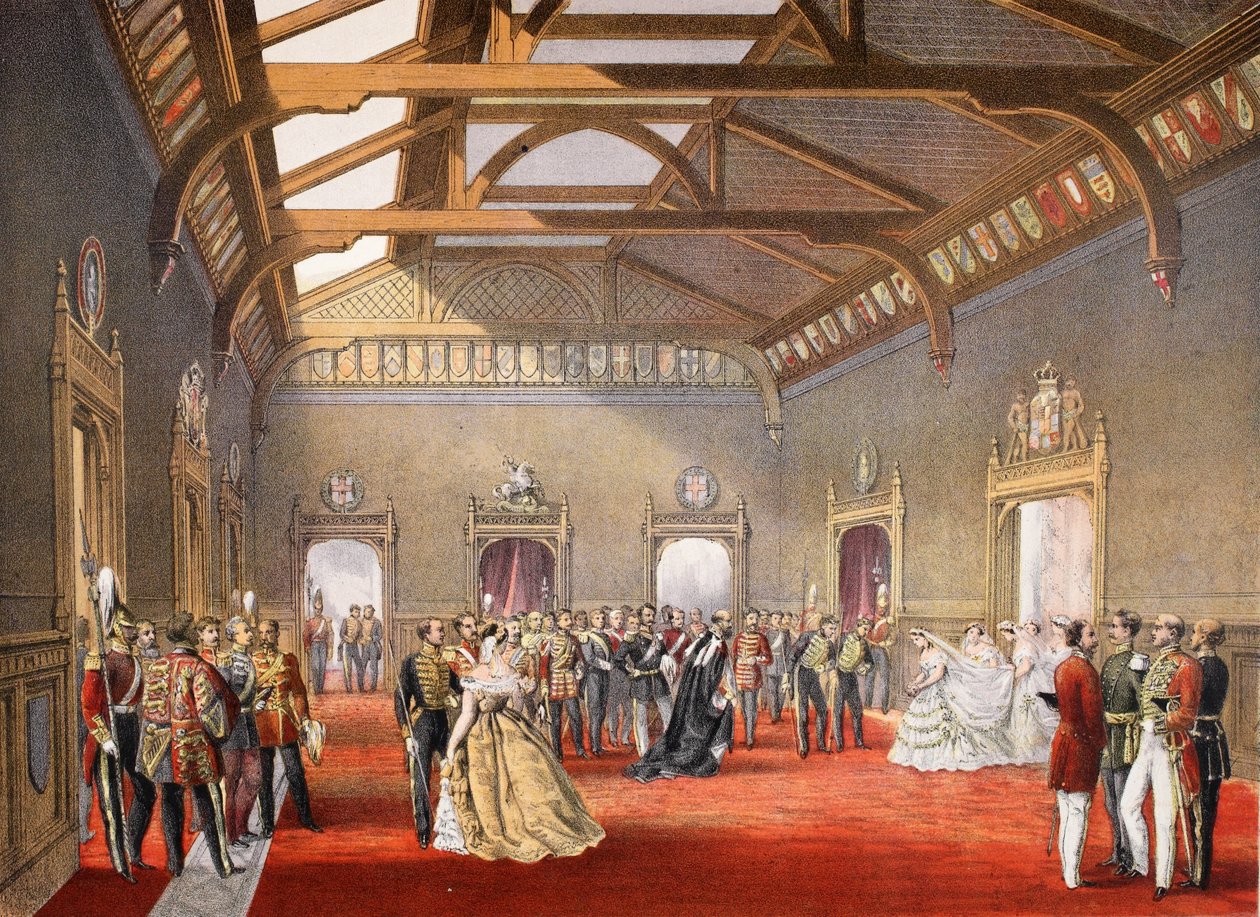 Prowadzenie procesji Panny Młodej w centralnym holu mieszkań tymczasowych, z Pomnika małżeństwa Edwarda VII i Aleksandry z Danii, wyd. 1864 autorstwa English School