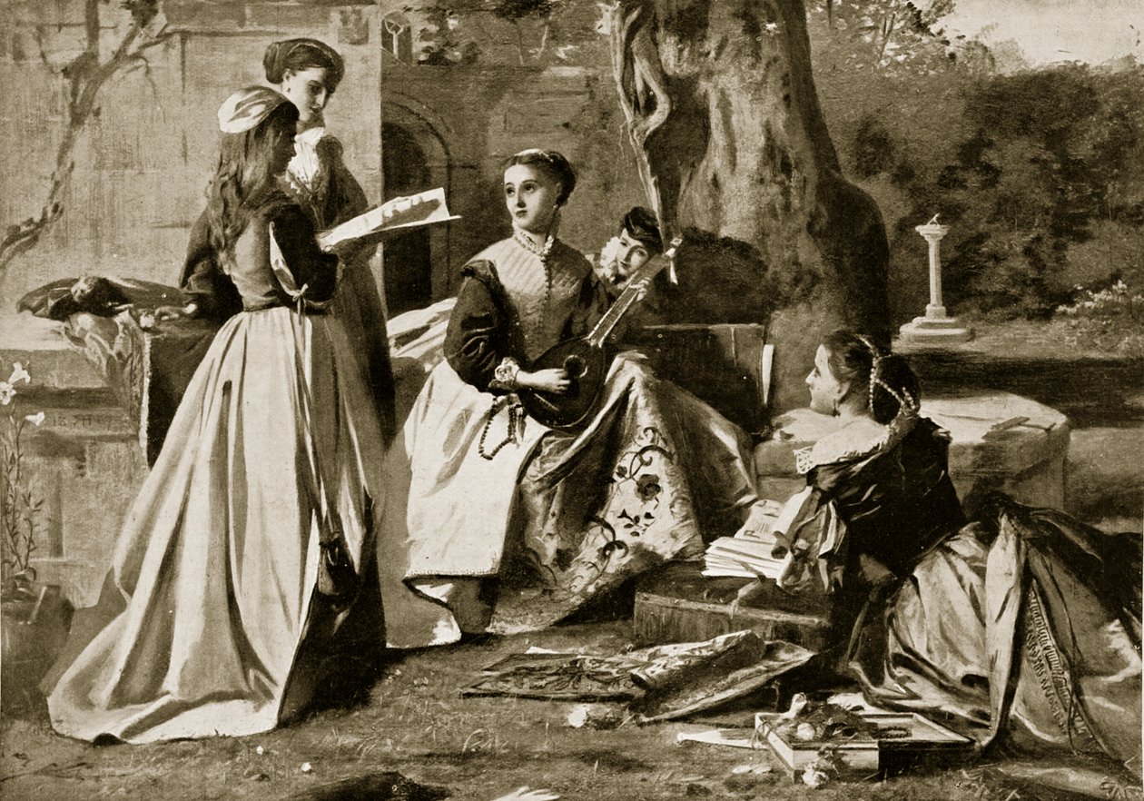 Mary Queen of Scots w klasztornym ogrodzie, ilustracja z Hutchinsons Story of the British Nation, ok. 1923 autorstwa English School