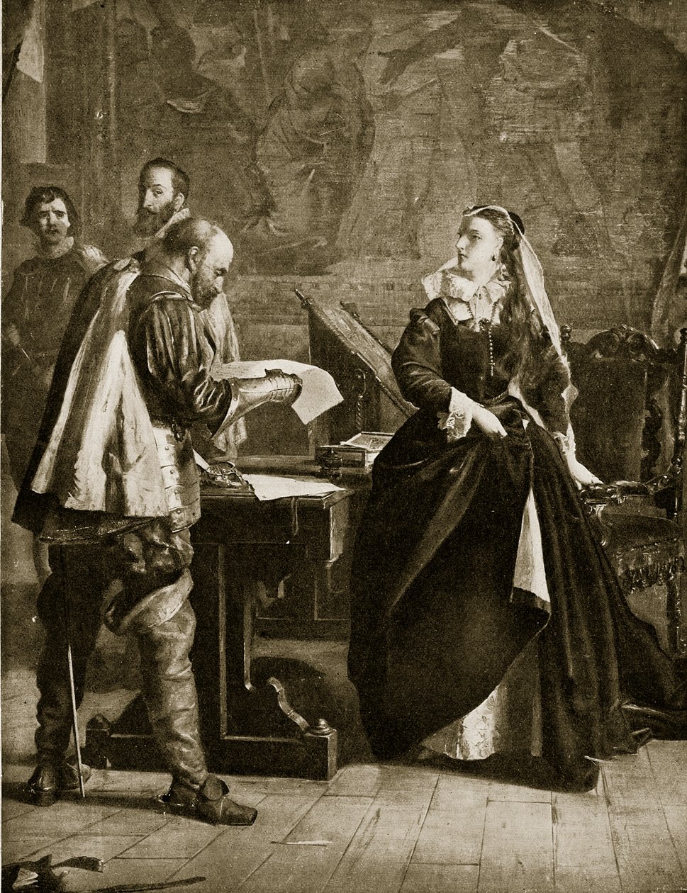 Mary Queen of Scots podpisuje swoją abdykację, lipiec 1567, ilustracja z Hutchinsons Story of the British Nation, c.1923 autorstwa English School