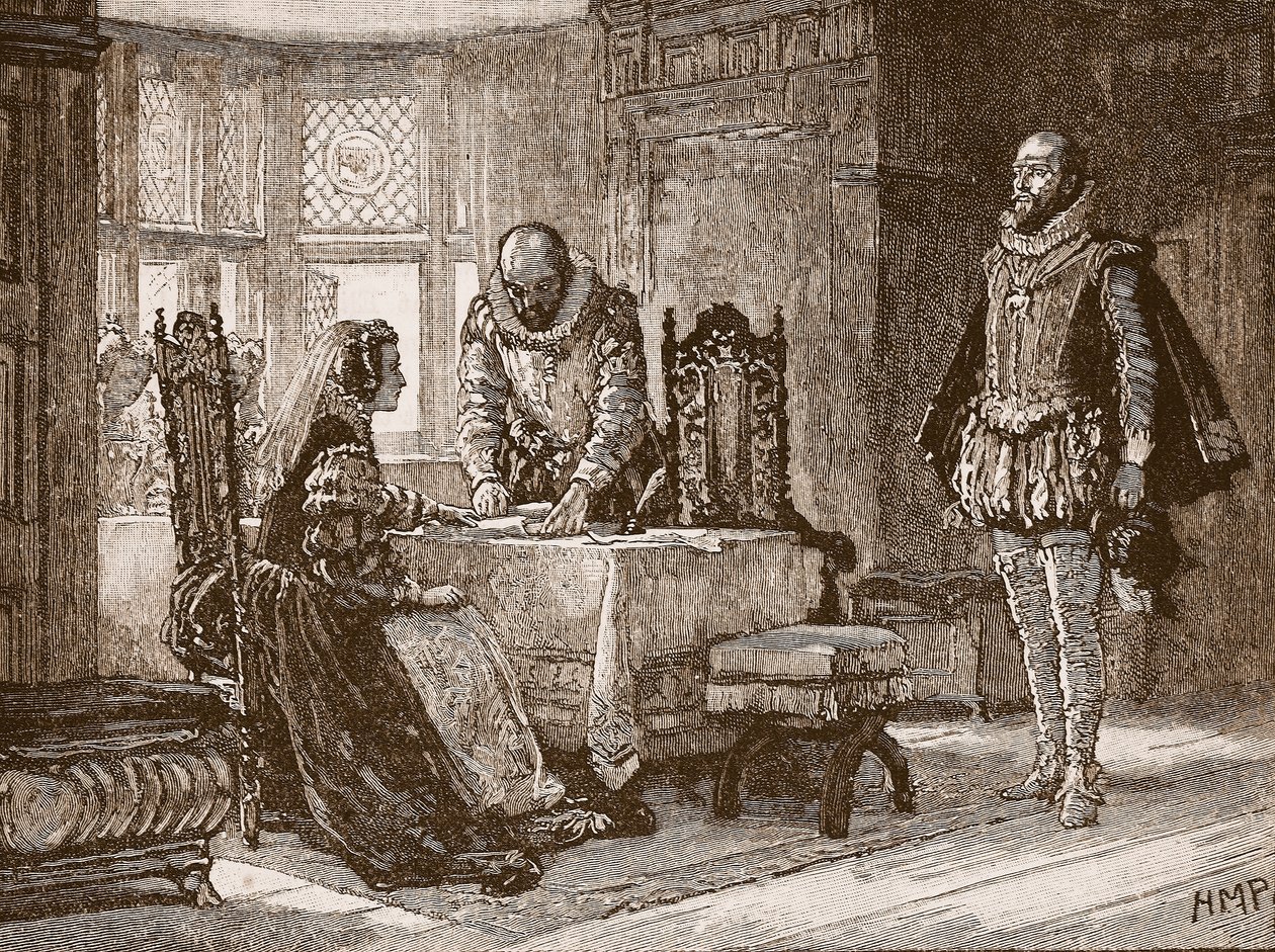 Maryja podpisująca akt abdykacji w zamku Lochleven, ilustracja z Cassells Illustrated History of England (zdjęcie w sepii) autorstwa English School