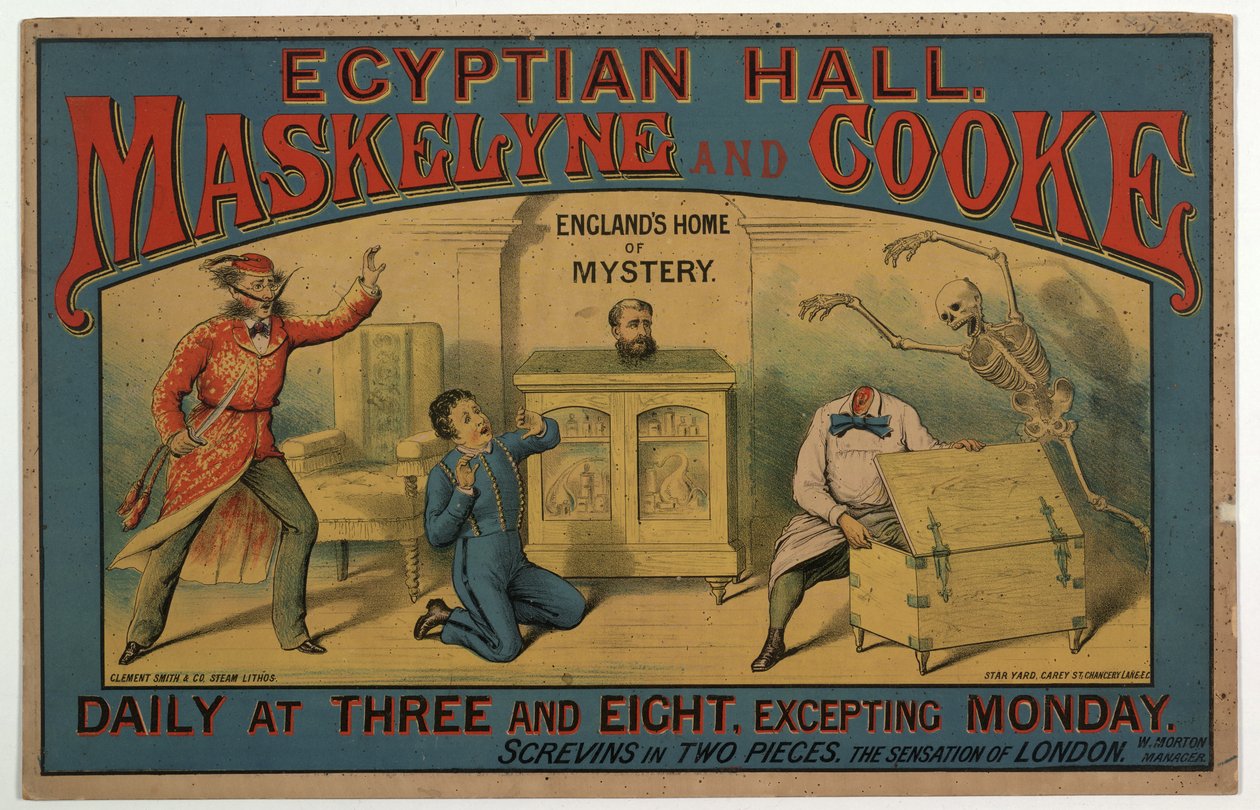 Maskelyne & Cooke w sali egipskiej c.1880 (kolor lito) autorstwa English School