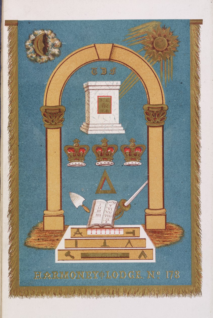 Godło loży masońskiej przedstawiające filary i różne symbole autorstwa English School