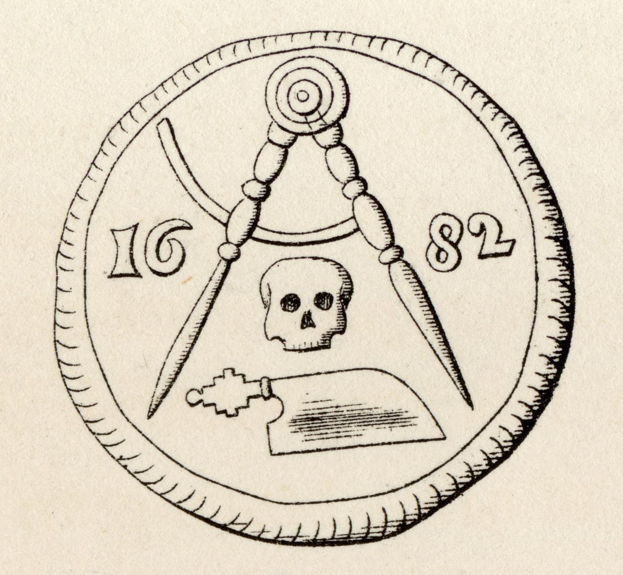 Pieczęć masońska stolarzy z Maestricht z 1682 r. z „Historii masonerii, tom II”, wydanej przez Thomasa C. Jacka, Londyn, 1883 r. autorstwa English School