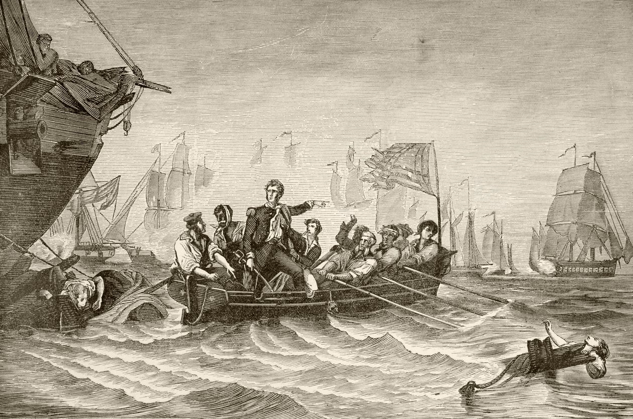 Główny komendant Oliver Hazard Perry przenoszony z amerykańskiego bryg Lawrence do amerykańskiej bryg Niagra podczas bitwy nad jeziorem Erie (litho) autorstwa English School