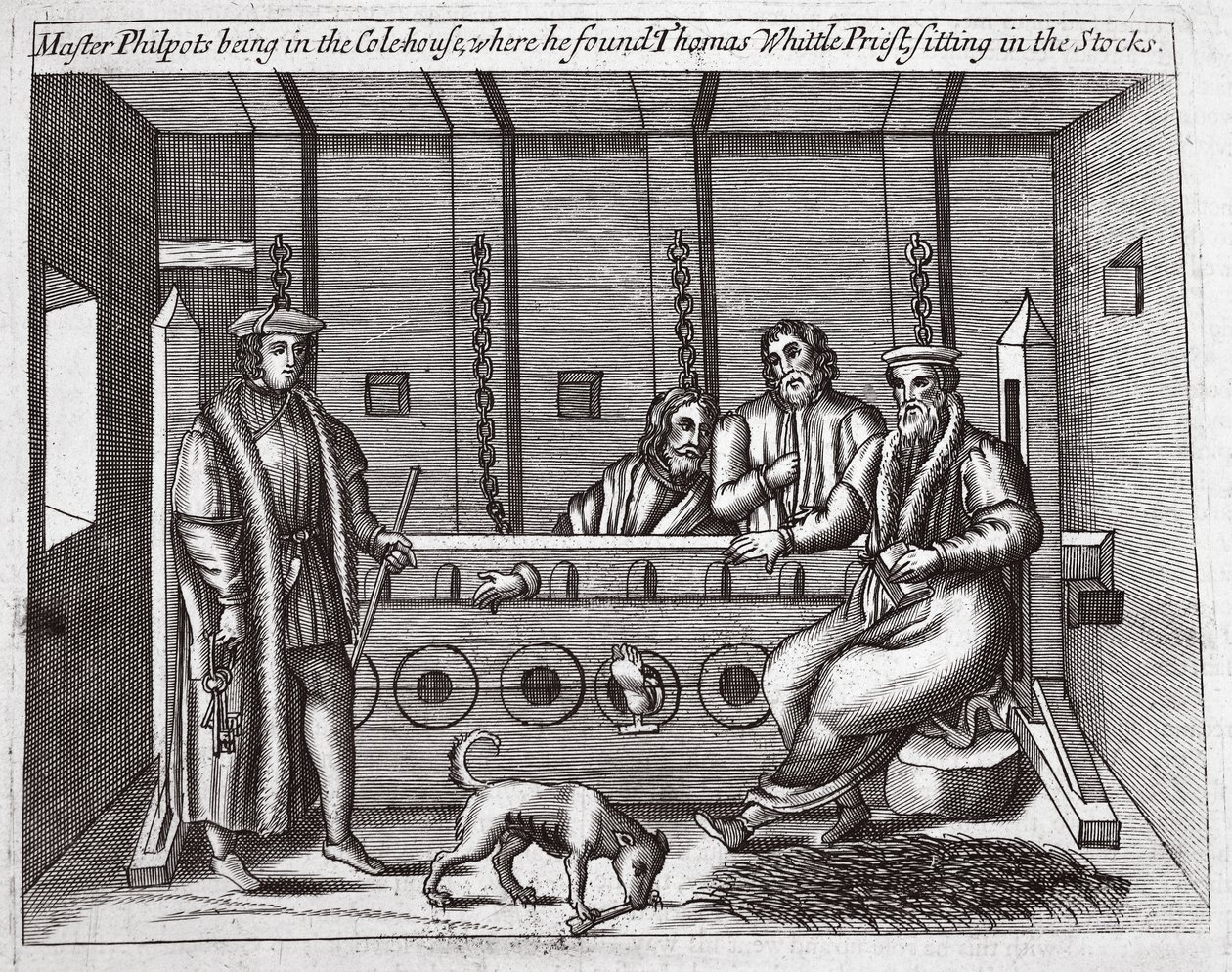 Mistrz Philpots przebywający w Colehouse, gdzie znalazł Thomasa Whittle, księdza siedzącego w dybach, ilustracja z Acts and Monuments Johna Foxe