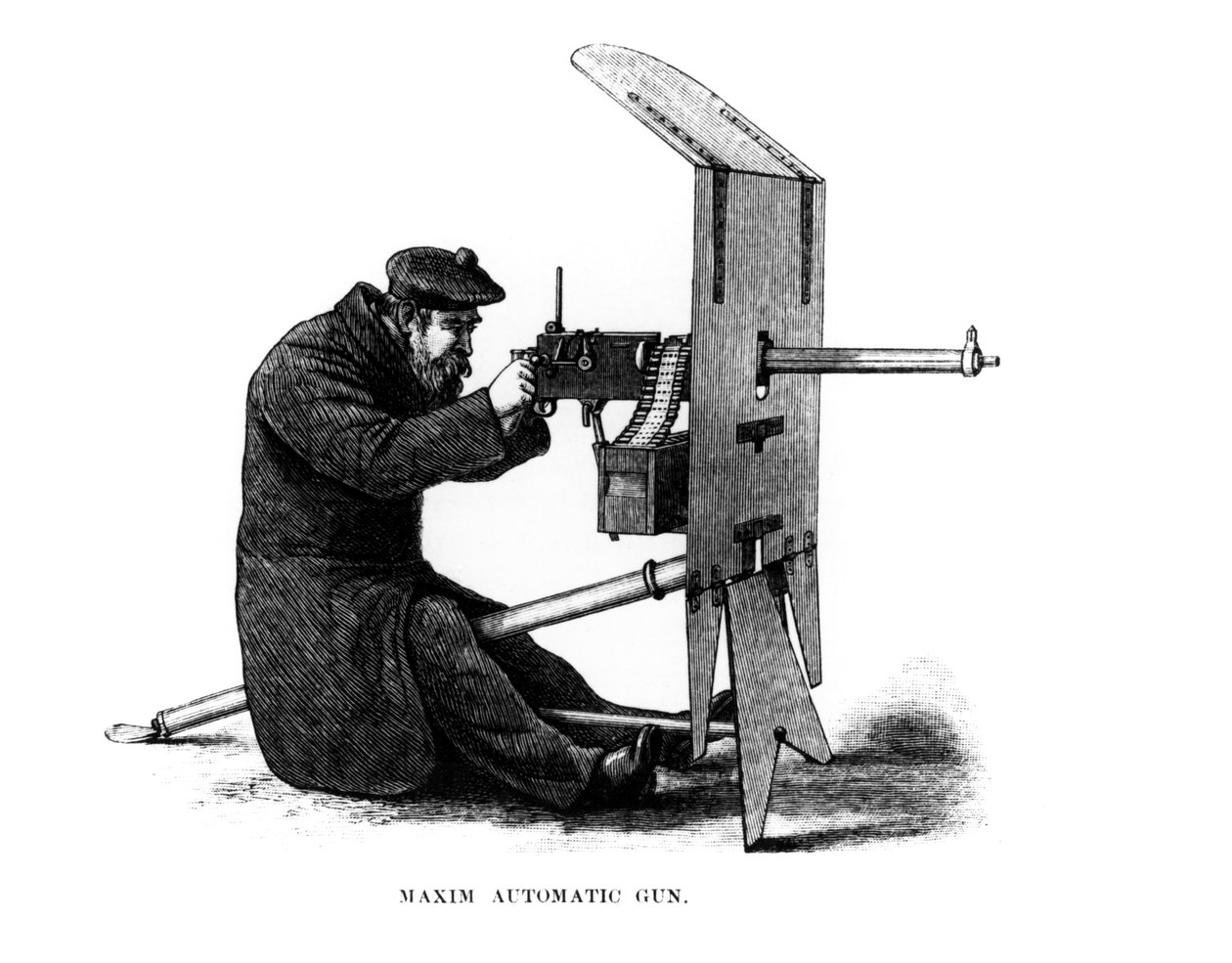 Maxim Automatic Gun, karabin maszynowy odrzutowy, opatentowany przez Hirama Stevensa Maxima (1840-1916) w 1882 roku autorstwa English School