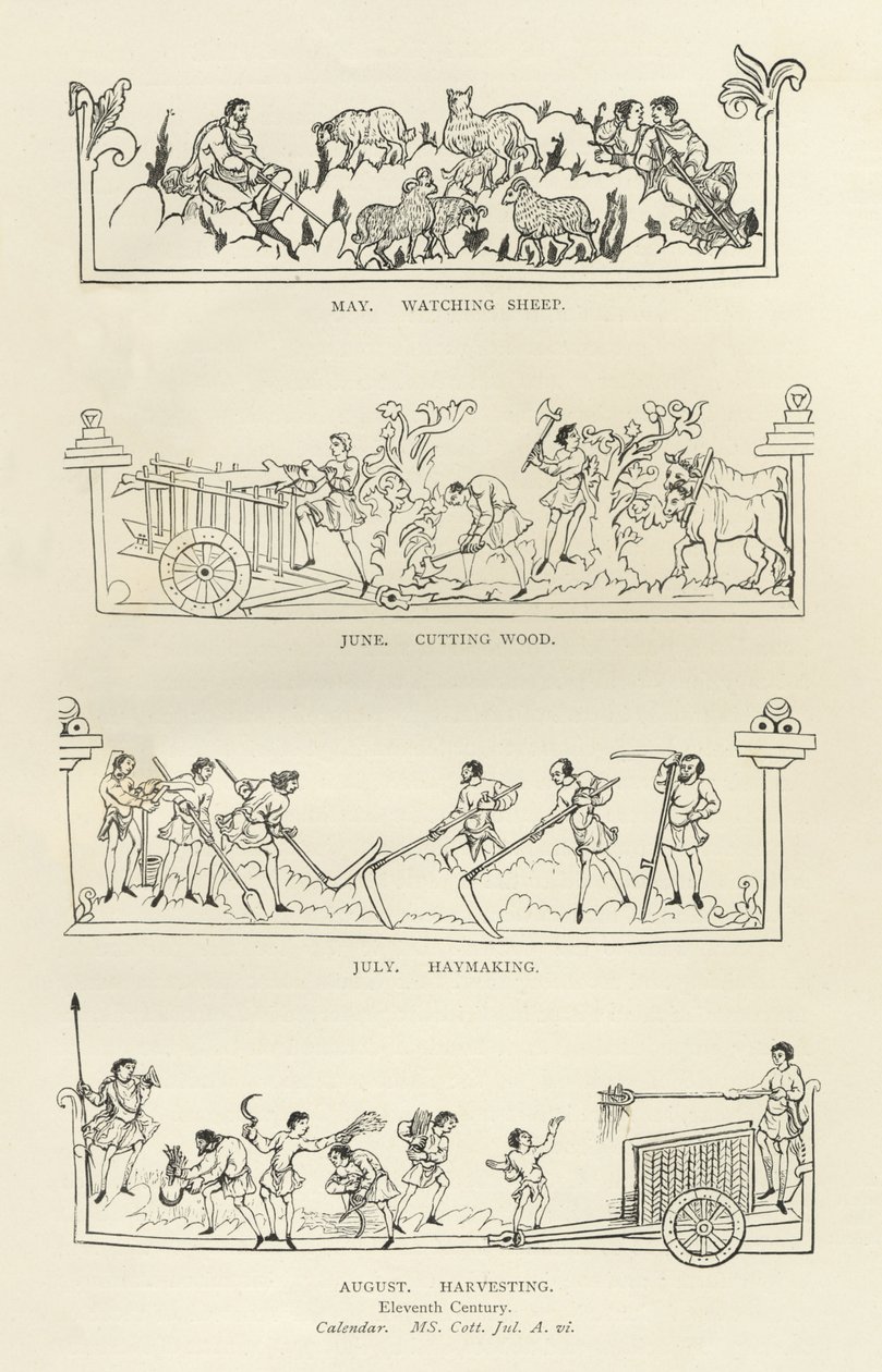 Maj, czerwiec, lipiec i sierpień, z Kalendarza Juliusza i hymnu, ilustracja z Historii narodu angielskiego autorstwa English School