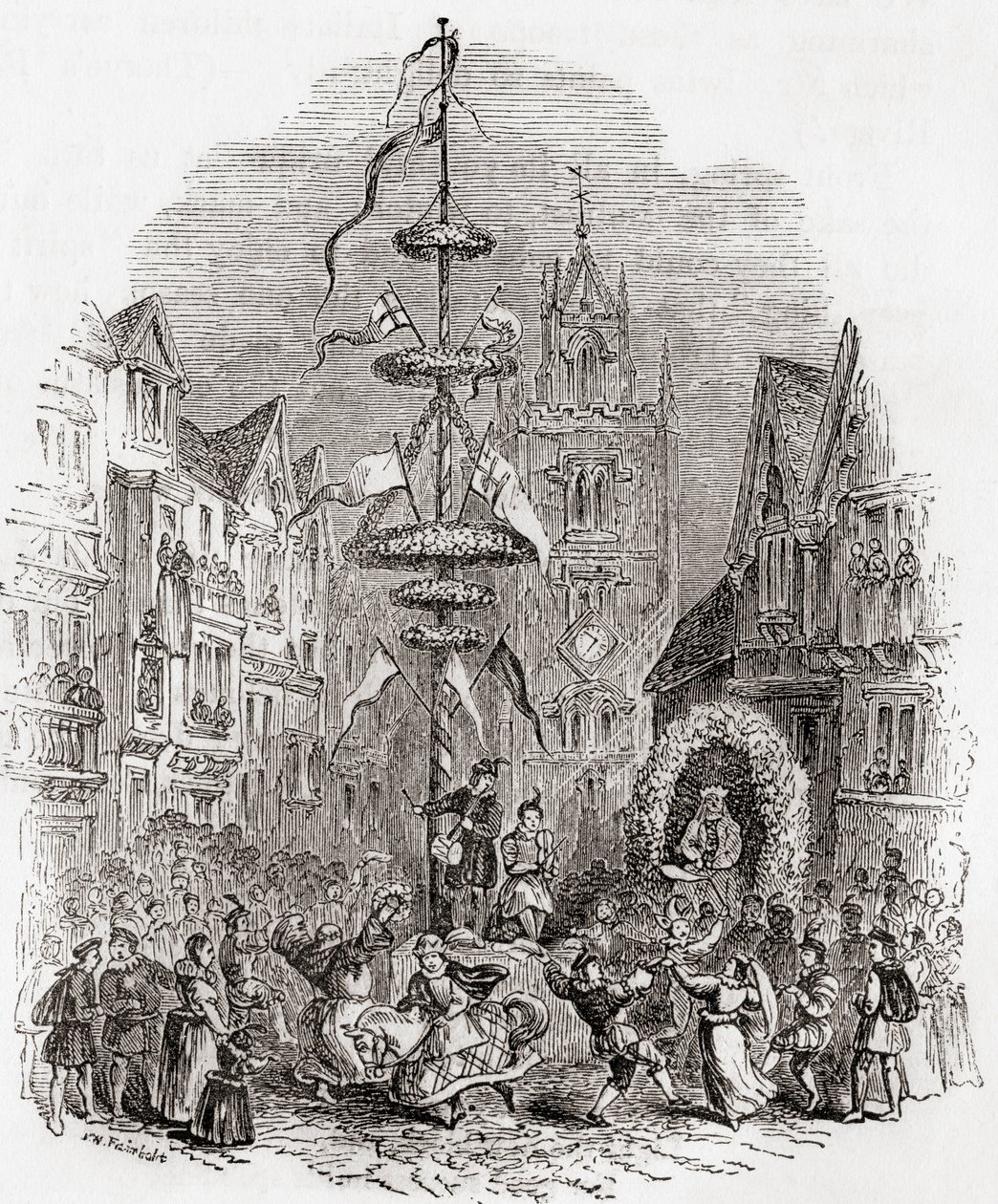 Taniec majowy przed kościołem St Andrew Undershaft, Londyn, Anglia w XIX wieku, fFrom Old England: A Pictorial Museum, pub. 1847 autorstwa English School