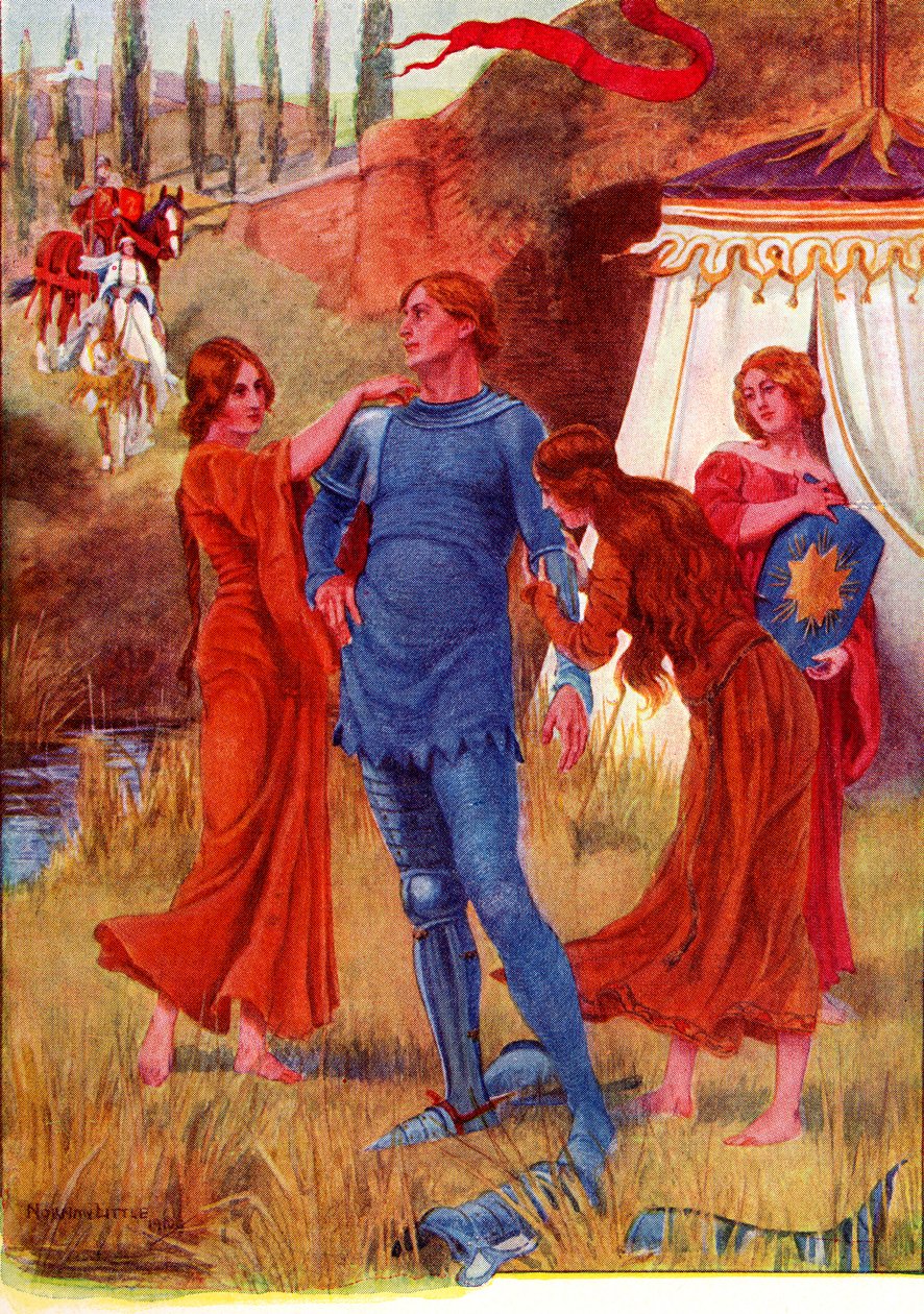 Średniowieczny rycerz, gwiazda poranna przygotowywana do bitwy. Kolorowa ilustracja przedstawiająca historię Garetha i Lynette z książki The Gateway to Tennyson wydanej w 1910 roku. autorstwa English School