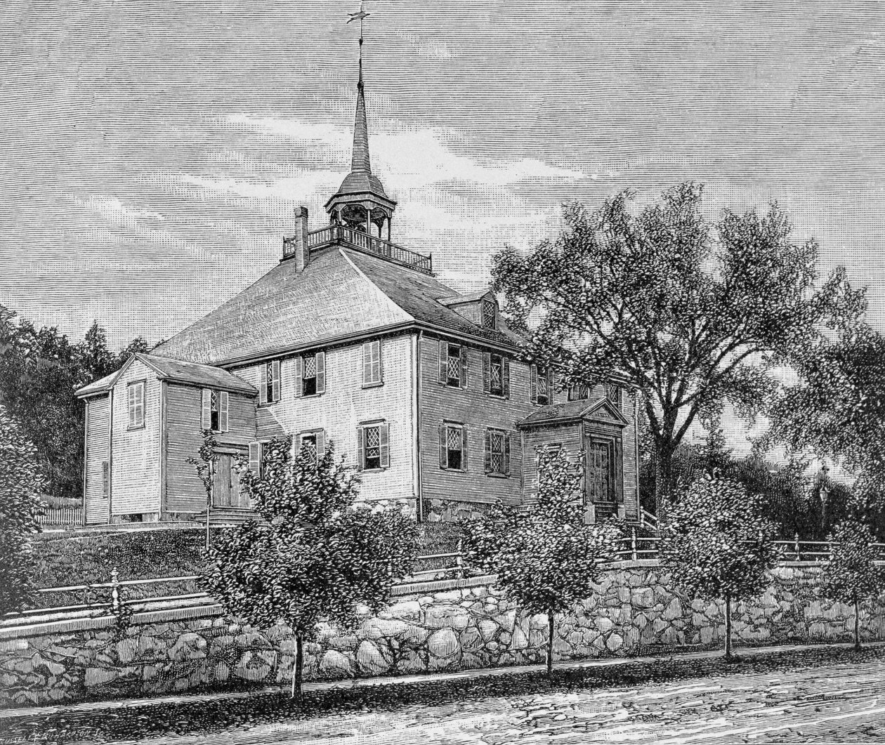 Dom Spotkań w Hingham, ilustracja z tomu III „Narrative and Critical History of America”, 1886 autorstwa English School