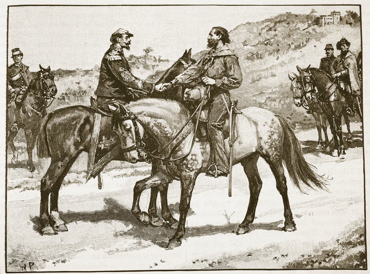 Spotkanie Garibaldiego i Victora Emmanuela, ilustracja z Cassells Illustrated History of England (zdjęcie w sepii) autorstwa English School