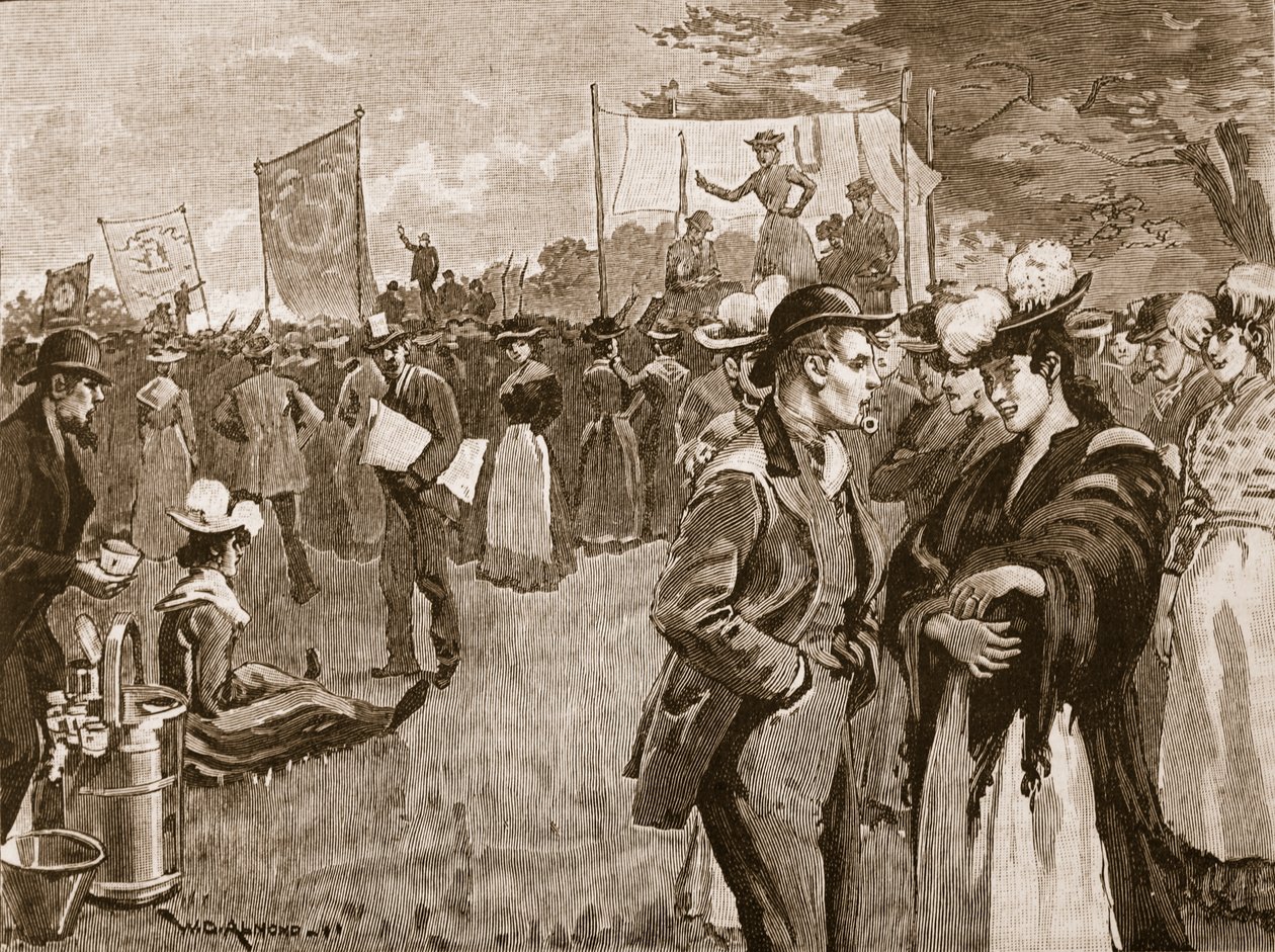 Spotkanie praczek w Hyde Parku, 1891, ilustracja z Cassells Illustrated History of England (zdjęcie w sepii) autorstwa English School