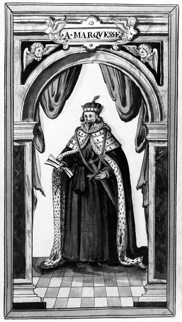 Członek Orderu Podwiązki oraz Królewskiego i Wartościowego Sługi Karola I i II, zaczerpnięty z serii Walkers Arms of Nobility autorstwa Sir Edwarda Walkera, XVII wiek (mezzotinta) autorstwa English School