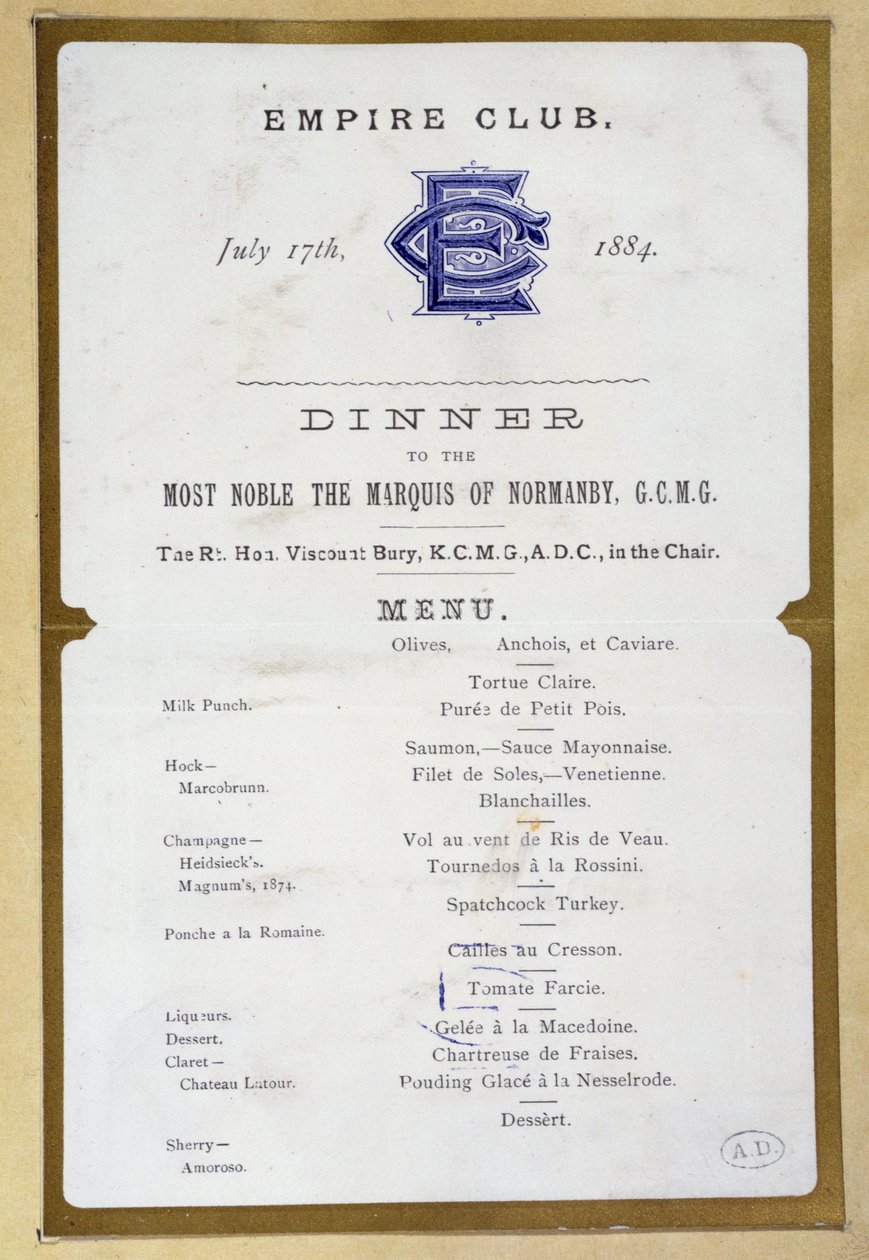 Menu z Empire Club, 17 marca 1884 autorstwa English School