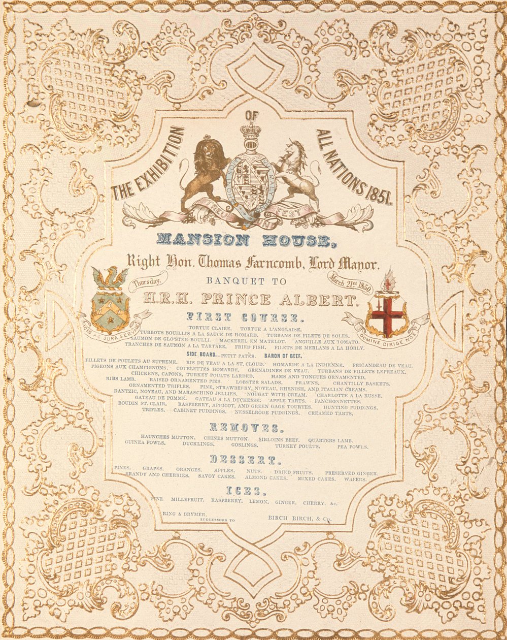 Menu bankietu dla księcia Alberta w Mansion House z okazji Wielkiej Wystawy Wszystkich Narodów, Londyn, 1851 r. autorstwa English School