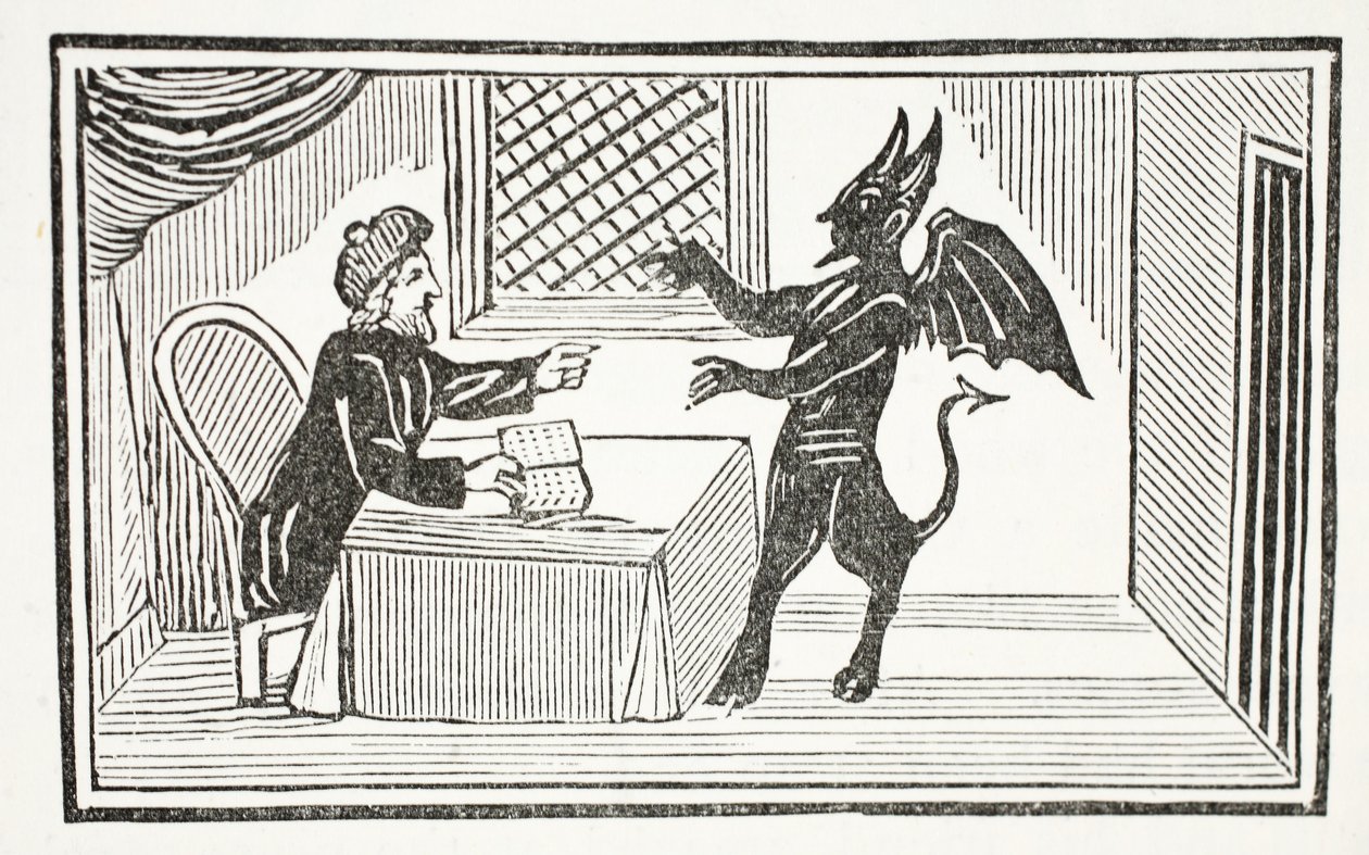 Mefistofeles przychodzi do domu doktorów, ilustracja z książki Chap-books of the Eighteenth Century Johna Ashtona, wyd. 1882 autorstwa English School