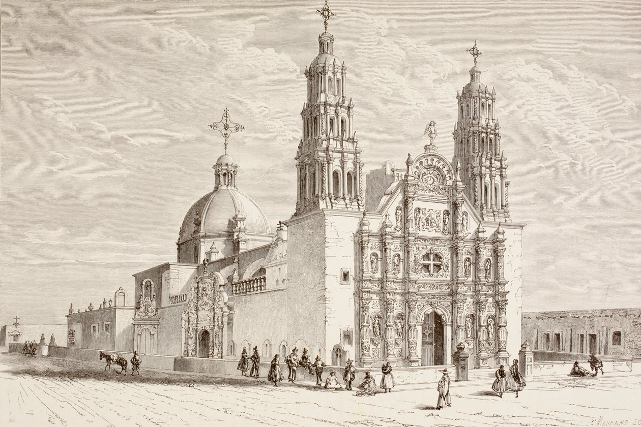 Katedra Metropolitalna na Plaza de Armas, Chihuahua, Meksyk w XIX wieku (litho) autorstwa English School