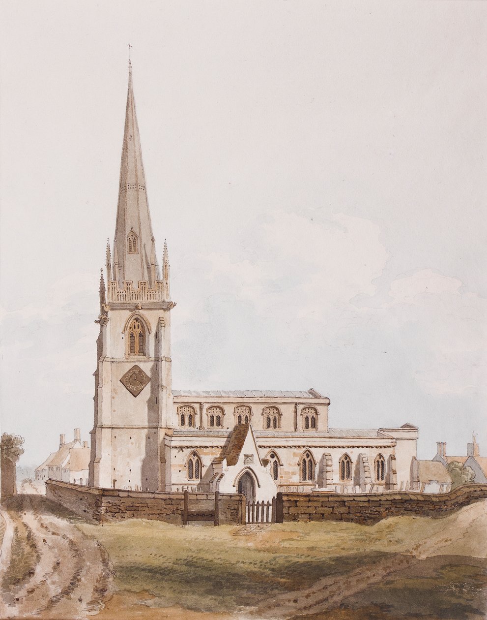 Middleton Cheney, południowy widok kościoła, ok. 1820 (atrament i toaleta na papierze) autorstwa English School