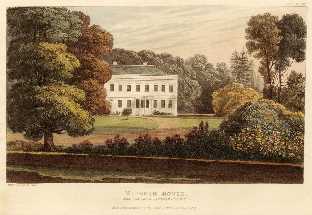 Midgham House, siedziba W.S. Poyntz, Esq., MP, wyd. 1826 (kolorowy grawerunek) autorstwa English School