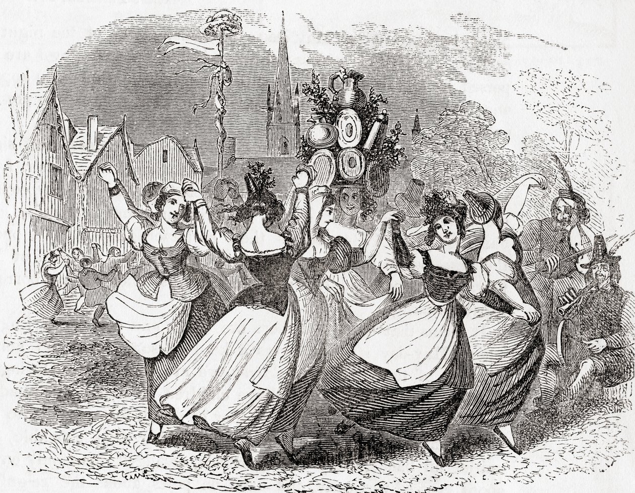 Taniec mleczarki ze stosem talerzy, May Day, Anglia, ze Starej Anglii: A Pictorial Museum, pub. 1847 autorstwa English School
