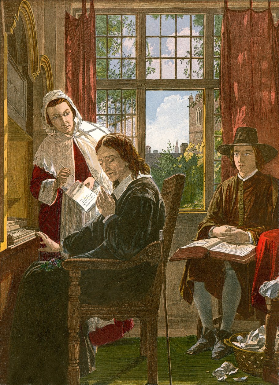 Milton dyktujący "Samsona Agonistę" (kolorowa rycina) autorstwa English School