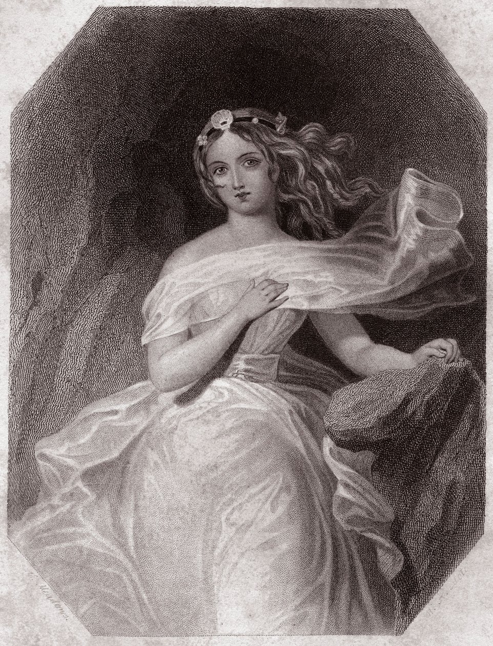 Miranda (Burza - La Tempete) w - „” Galerie des Femmes de Shakespeare, zbiór czterdziestu pięciu poważnych portretów pierwszych artystów Londynu, wzbogacony uwagami krytycznymi i literackimi”” około 1838 r. - z „Galeria kobiet Szekspira, autorstwa English School