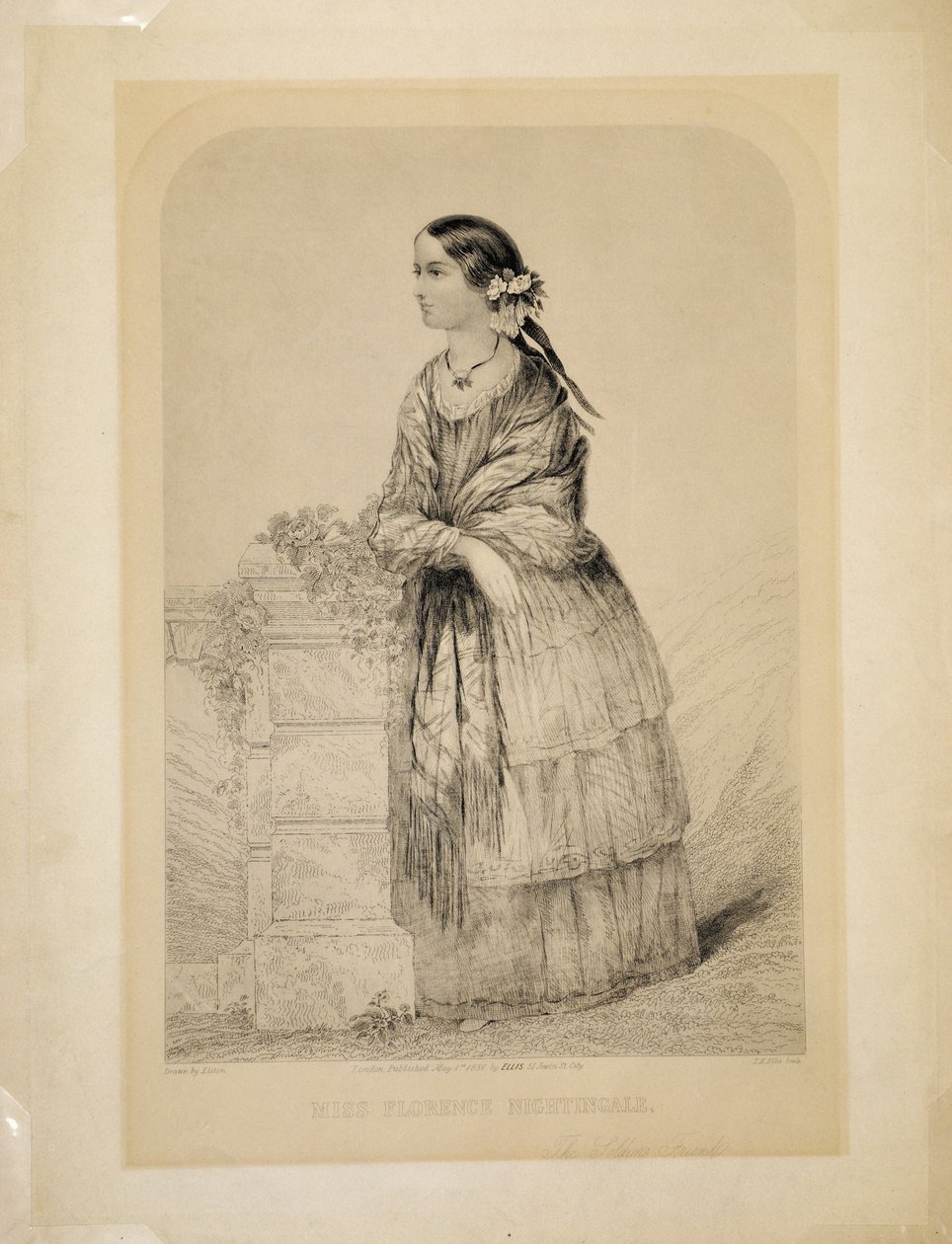 Miss Florence Nightingale: The Soldiers Friend autorstwa Elstona, grawerowane przez T.H. Ellis, wyd. Ellis, 51 Jewin Street, City of London, 1 maja 1856 autorstwa English School