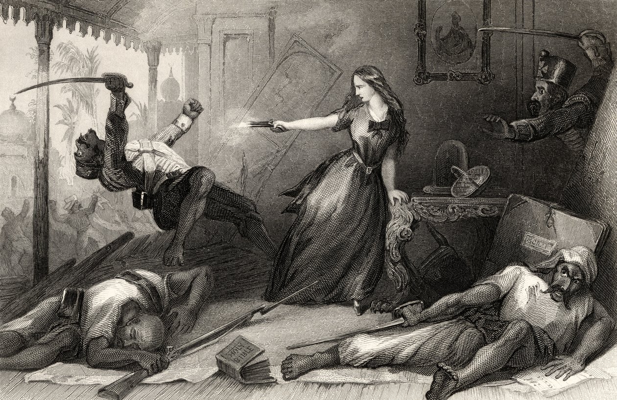 Miss Wheeler broniąca się przed Sepoys w Cawnpore w 1857, z „Historii indyjskiego buntu”, wydanej w 1858 (rycina) autorstwa English School