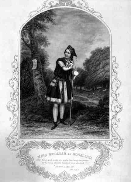 Panna Woolgar jako Rosalind, akt III, scena 2, w Jak wam się podoba, William Shakespeare (1564-1616) (rycina) autorstwa English School
